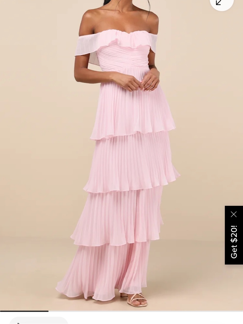 Lulu's Blush Pink Off-Shoulder Tiered Pleated Maxi Dress